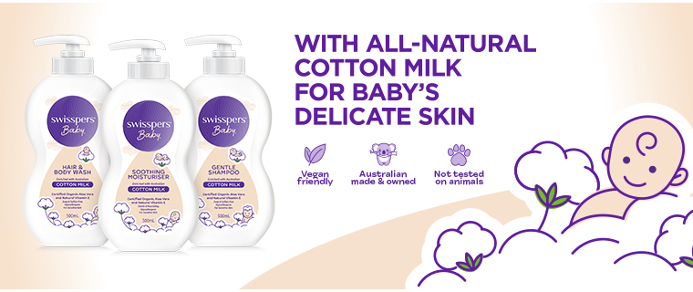 With all-natural cotton milk for baby's delicate skin